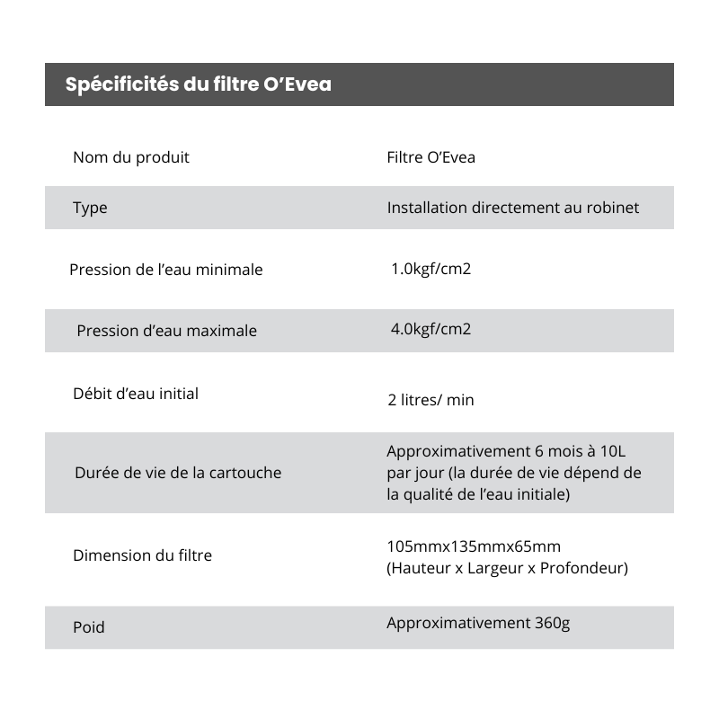 Filtre à eau O'Evea + cartouche filtrante 8 actions